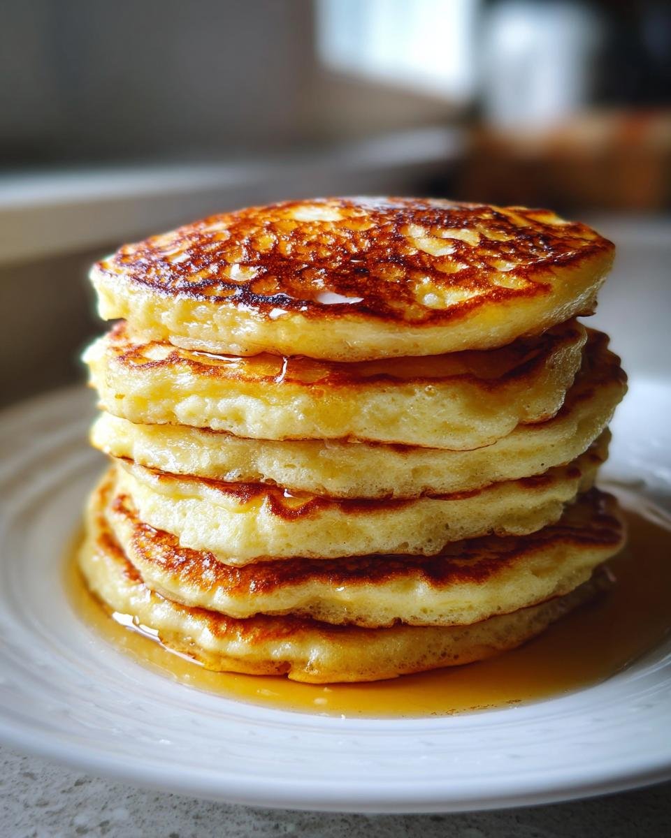 A tall stack of fluffy, golden-brown old fashioned pancakes drizzled with syrup on a white plate.