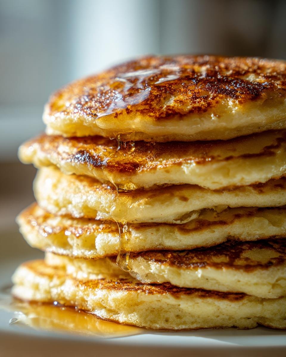 A tall stack of fluffy, golden brown old fashioned pancakes drizzled with syrup.