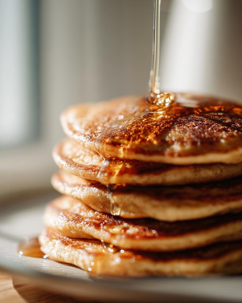 Close-up of a stack of Irresistible Old Fashioned Pancakes being drizzled with golden syrup.