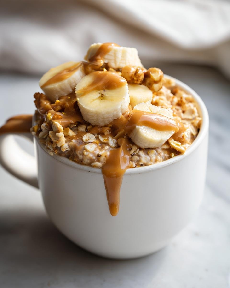 Close-up of Irresistible Peanut Butter Banana Overnight Oats topped with banana slices and drizzled with peanut butter.
