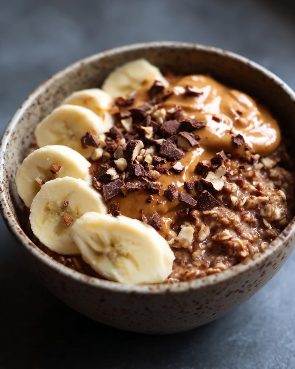 Close-up of Irresistible Peanut Butter Banana Overnight Oats topped with banana slices, peanut butter, and chocolate chips.