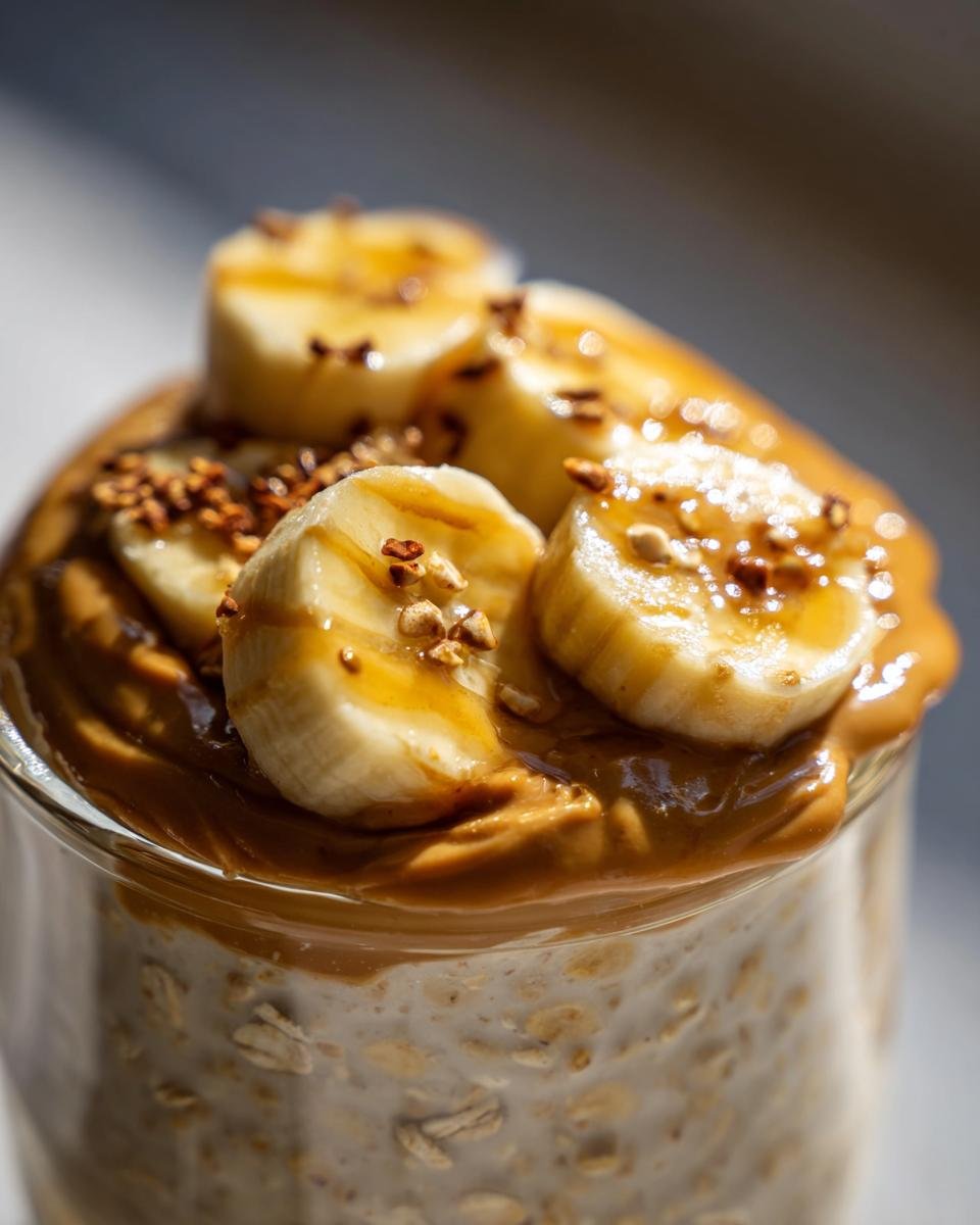 Close-up of Irresistible Peanut Butter Banana Overnight Oats topped with sliced bananas and peanut butter.