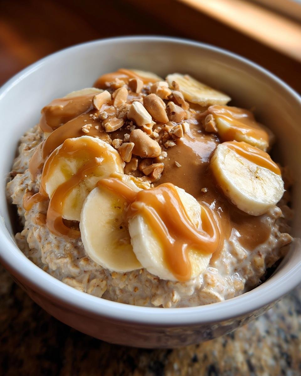 Close-up of Irresistible Peanut Butter Banana Overnight Oats topped with banana slices, peanut butter drizzle, and chopped peanuts.