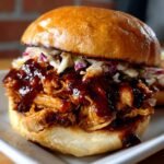 A close-up of an Irresistible Pulled BBQ Chicken sandwich on a bun with coleslaw and BBQ sauce.