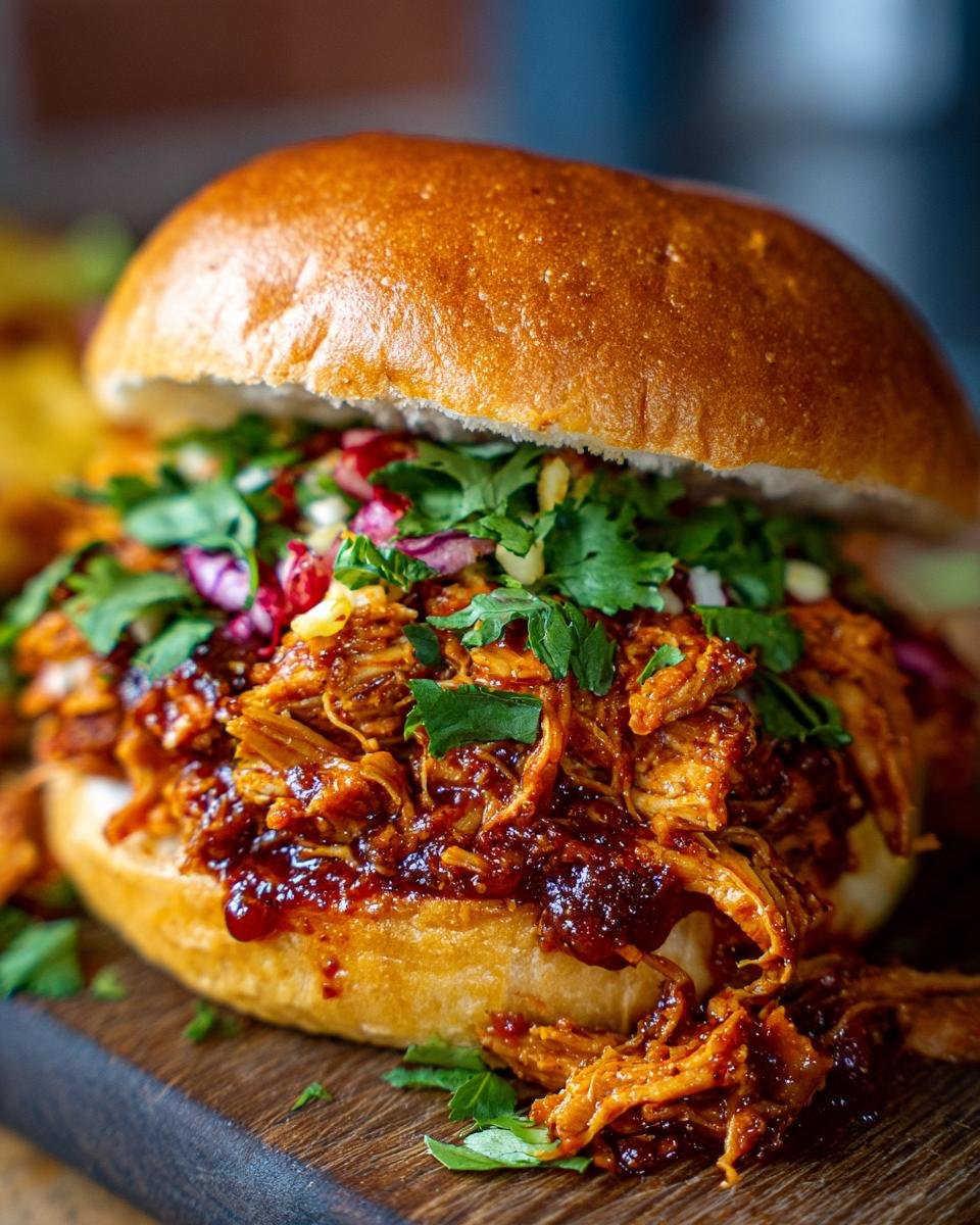 A close-up of an Irresistible Pulled BBQ Chicken sandwich on a bun, topped with fresh herbs and slaw.