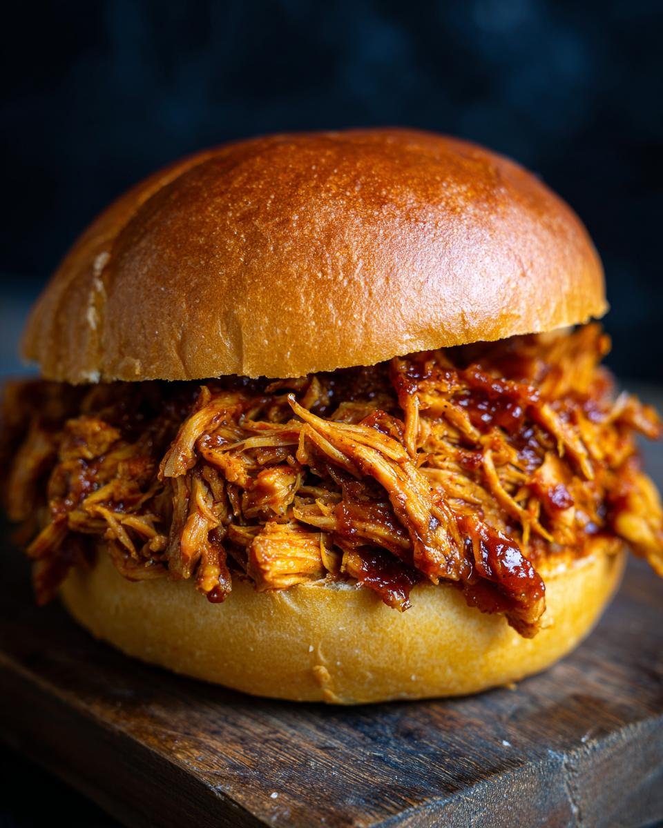 A close-up of an Irresistible Pulled BBQ Chicken sandwich piled high on a bun, with rich BBQ sauce.