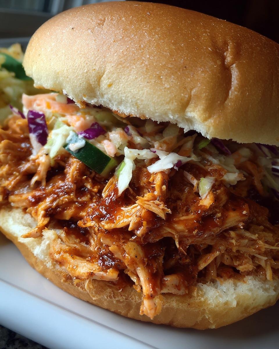 Close-up of an irresistible pulled BBQ chicken sandwich piled high with coleslaw on a soft bun.