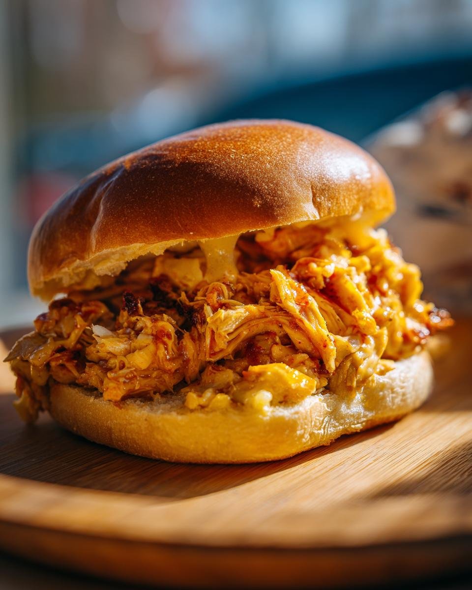 Close-up of an Irresistible Pulled BBQ Chicken sandwich on a wooden plate, with a golden bun overflowing with shredded chicken and BBQ sauce.