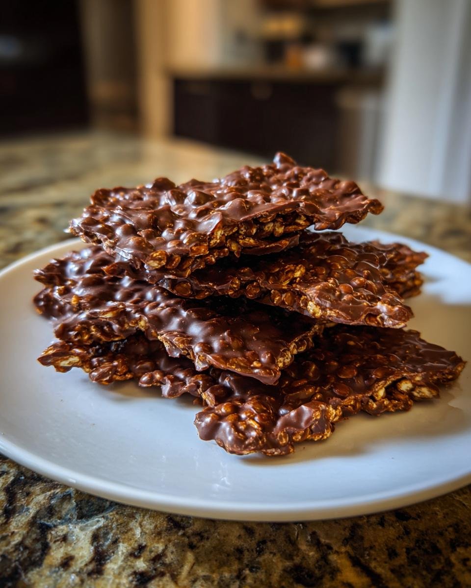 A stack of Irresistible Quinoa Chocolate Crisps on a white plate, showcasing their crunchy texture.