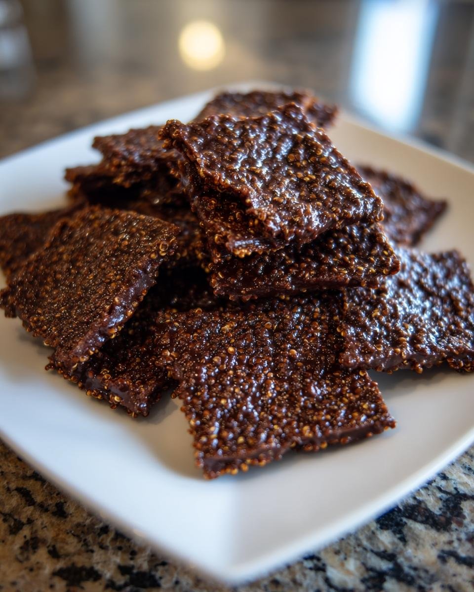 A stack of Irresistible Quinoa Chocolate Crisps on a white plate, showing the textured surface of the crisps.