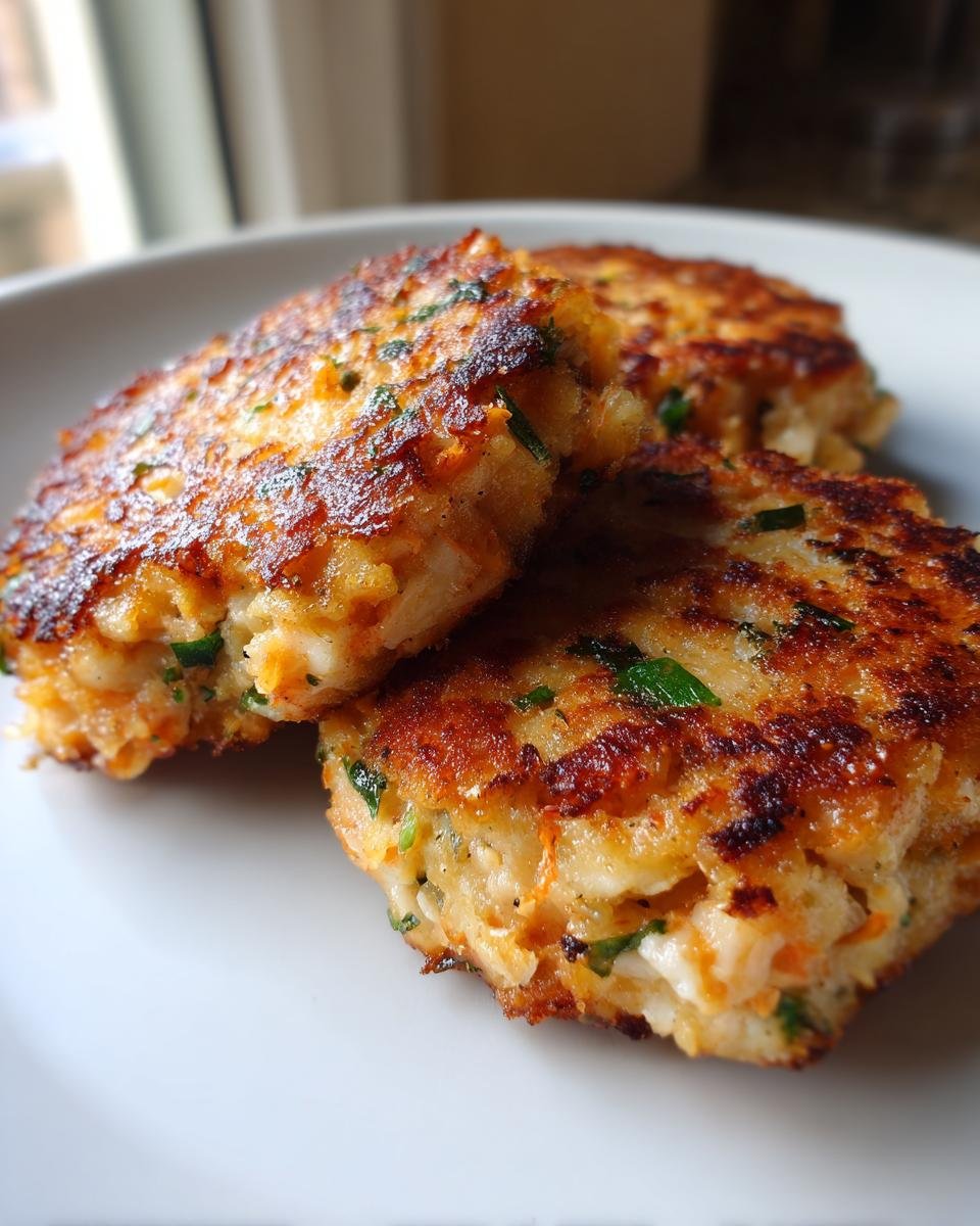 Close-up of three golden-brown, pan-fried irresistible salmon cakes with visible flecks of herbs on a white plate.