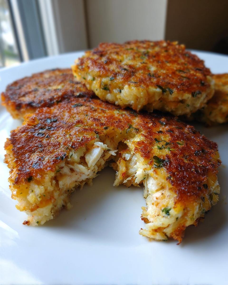 Close-up of Irresistible Salmon Cakes With Canned Salmon Recipe, one cake broken open to reveal flaky salmon and breadcrumbs.