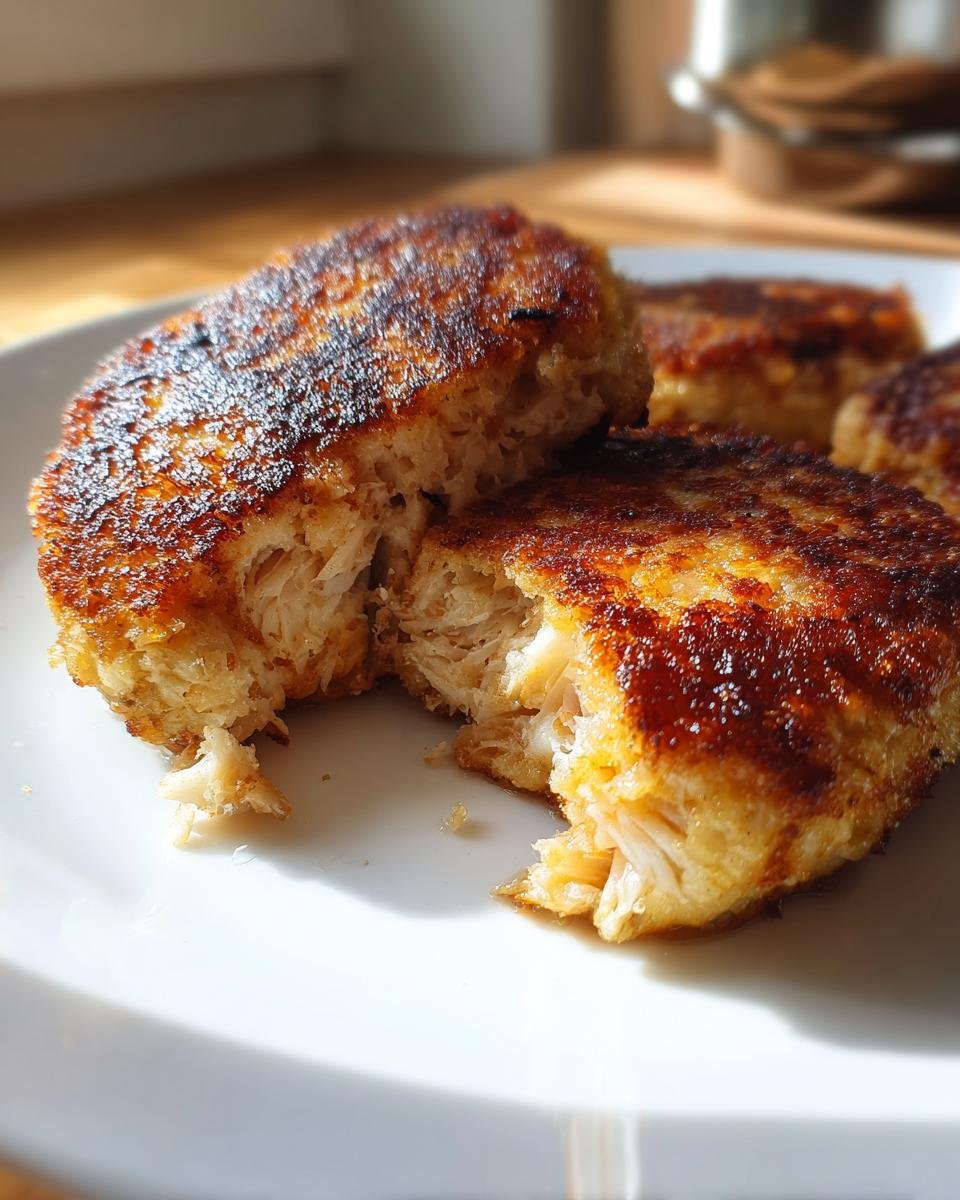 Close-up of a broken Irresistible Salmon Cake made with canned salmon, showing flaky texture and golden-brown crust.