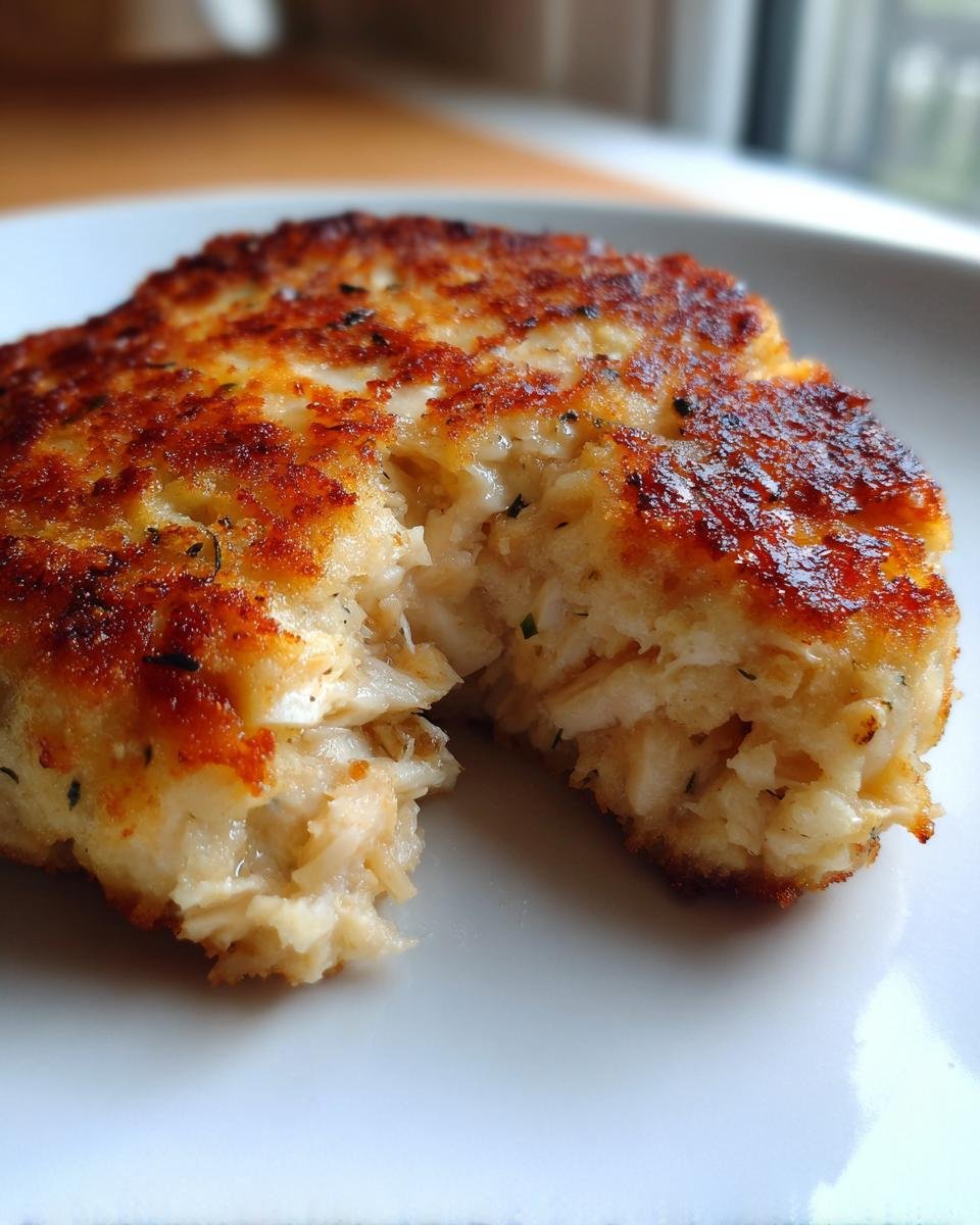 Close-up of a golden-brown, pan-fried Irresistible Salmon Cake with a bite taken out, revealing flaky salmon inside.