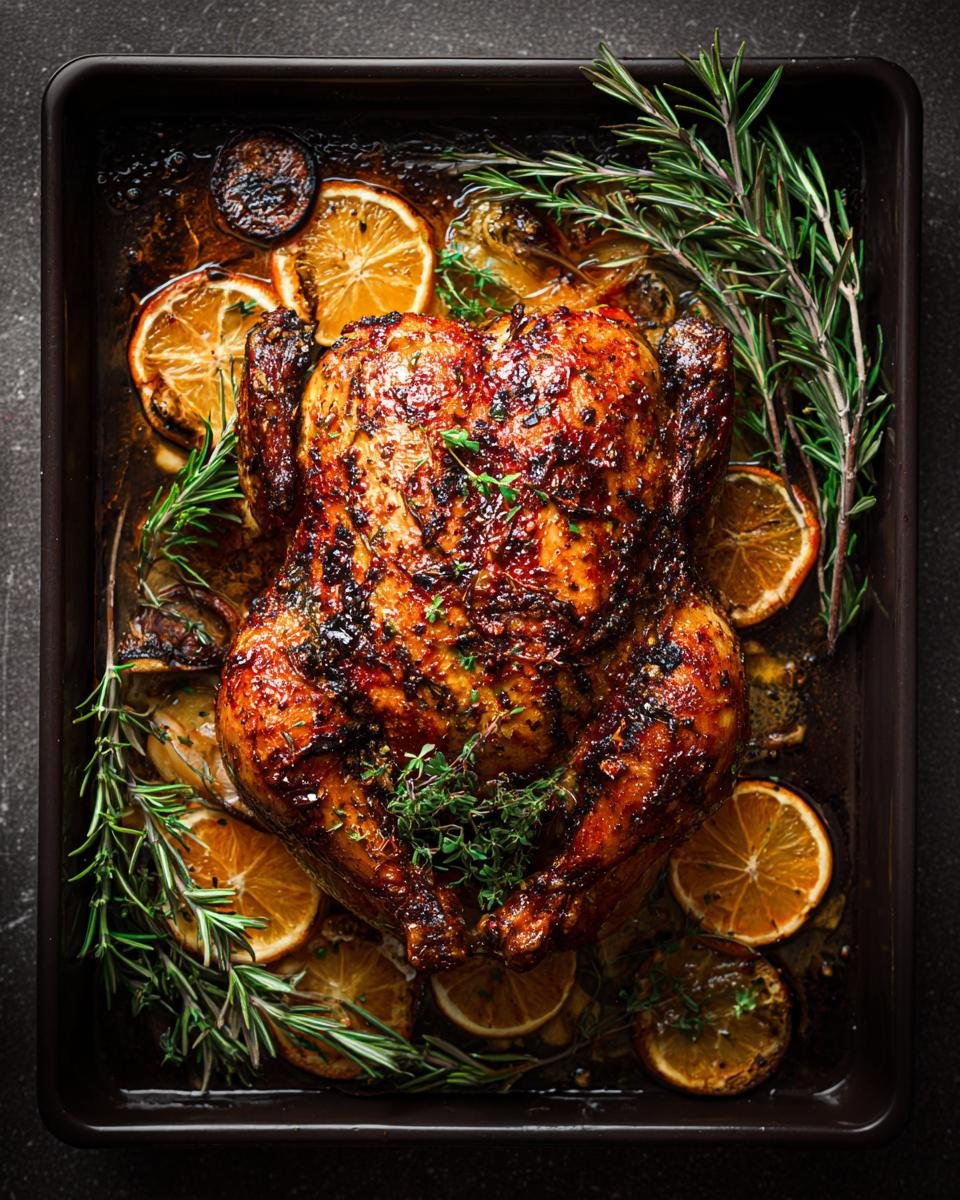 Whole roasted chicken on a sheet pan with oranges and rosemary, an easy one pan dinner recipe.