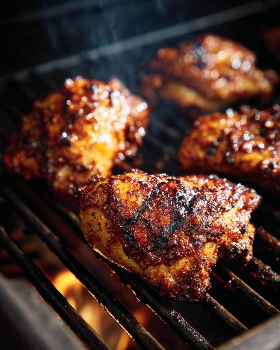 Close-up of Irresistible Sheet Pan Chicken pieces grilling with flames visible below.