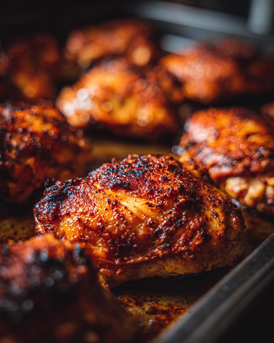 Close-up of perfectly seasoned and roasted Irresistible Sheet Pan Chicken pieces on a baking sheet.