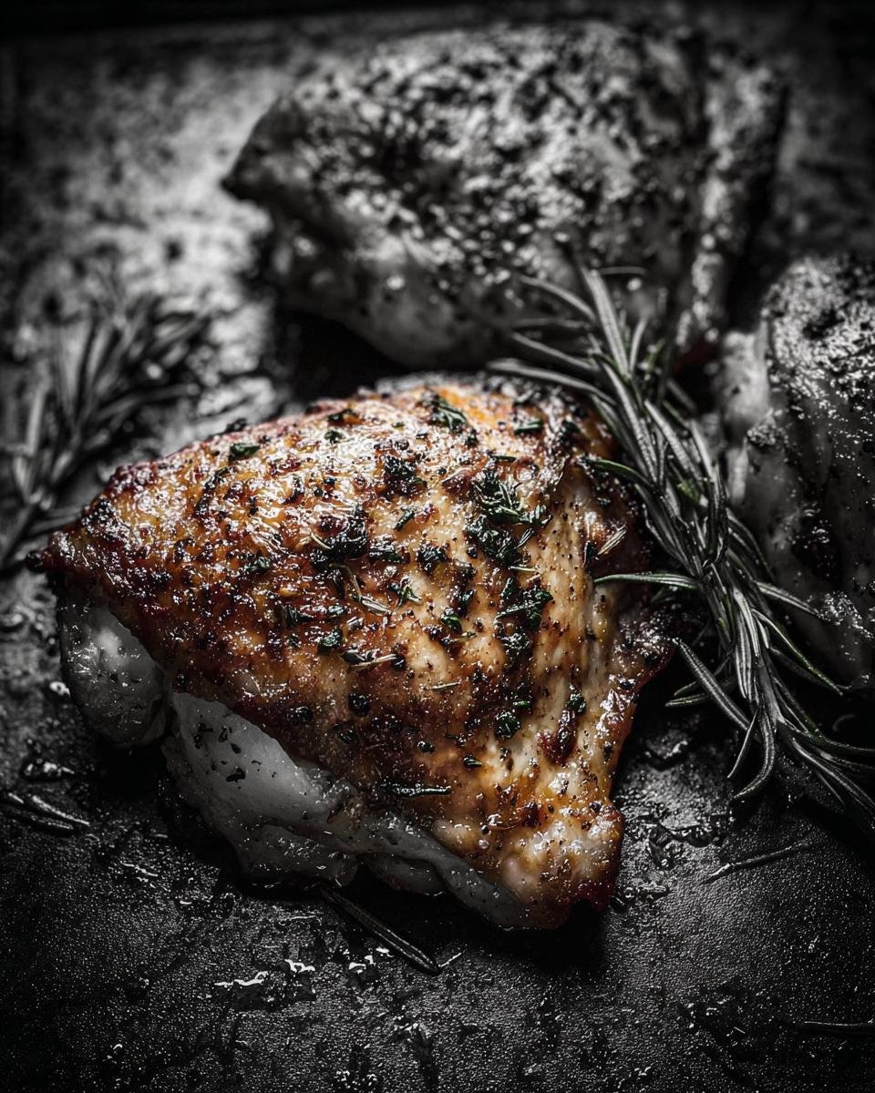 Close-up of an Irresistible Sheet Pan Chicken thigh, seasoned and roasted with rosemary on a dark pan.