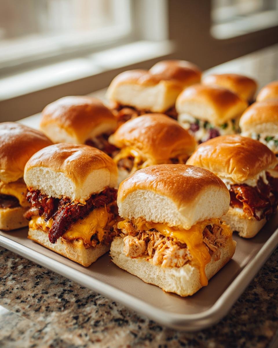 A tray filled with various delicious slider recipes, perfect for a party.