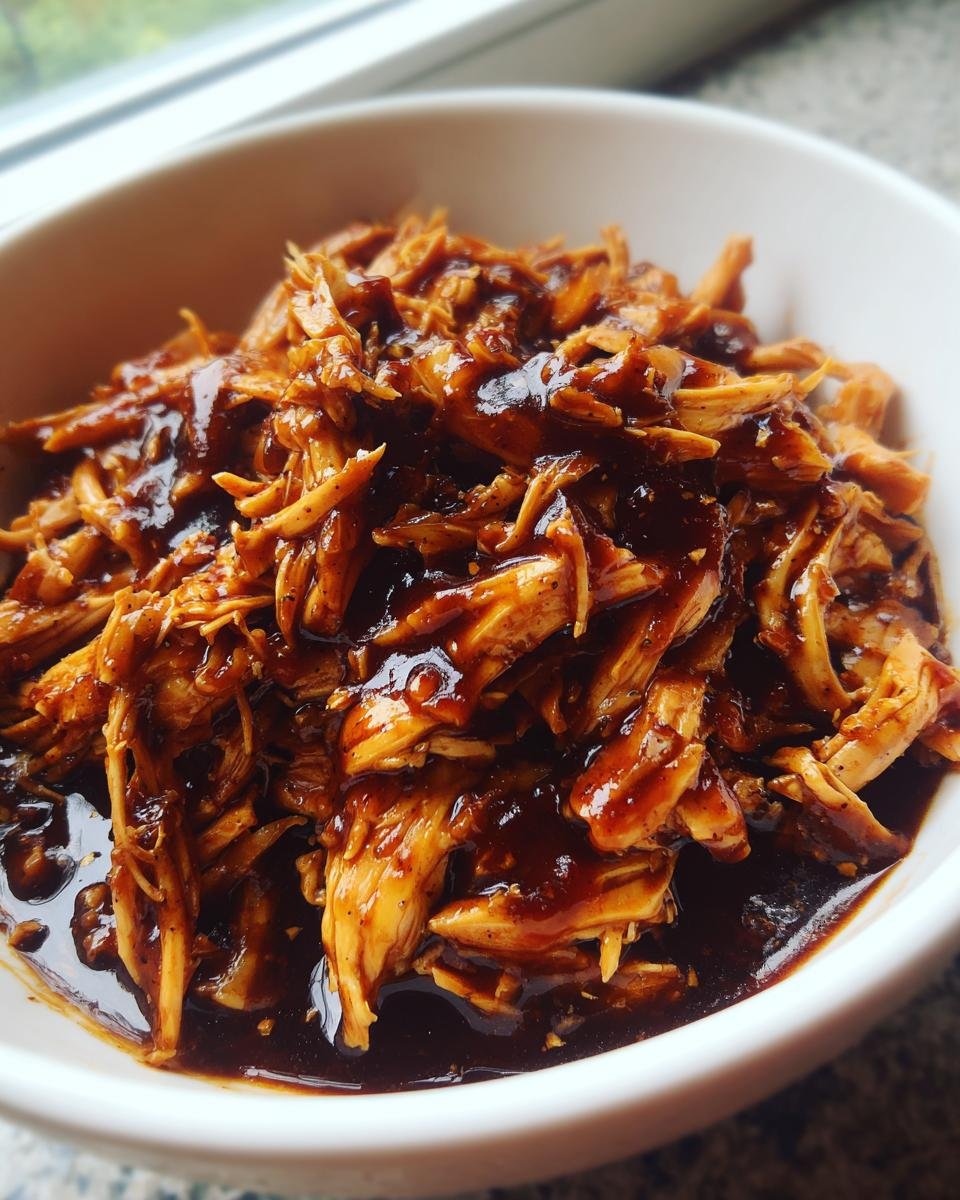 A bowl filled with shredded, saucy, Irresistible Slow Cooker BBQ Chicken.