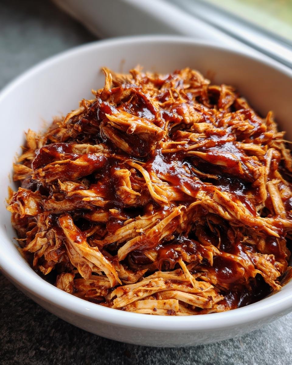 Close-up of shredded, saucy Irresistible Slow Cooker BBQ Chicken in a white bowl.