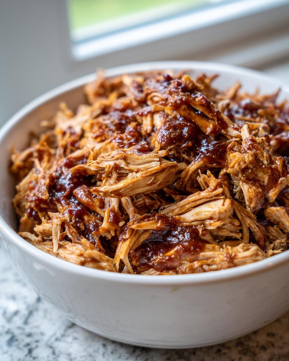 A white bowl filled with shredded, saucy Irresistible Slow Cooker BBQ Chicken.