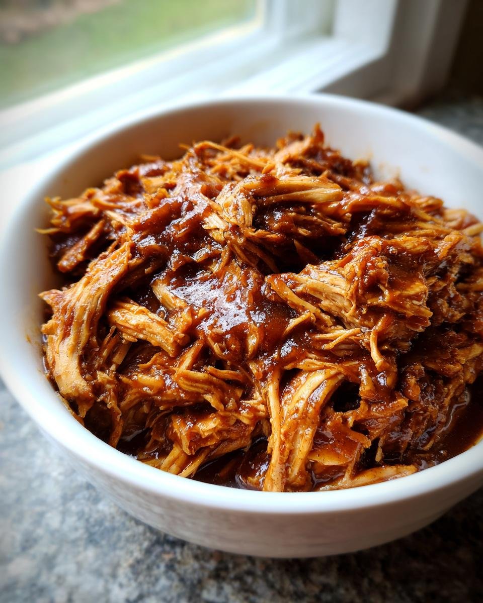 Close-up of shredded, saucy Irresistible Slow Cooker BBQ Chicken in a white bowl.