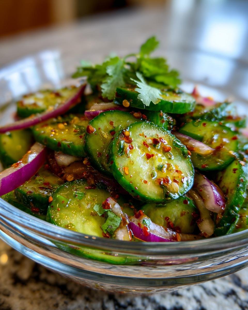 Close-up of a refreshing Irresistible Spicy Cucumber Salad with red onion and cilantro.