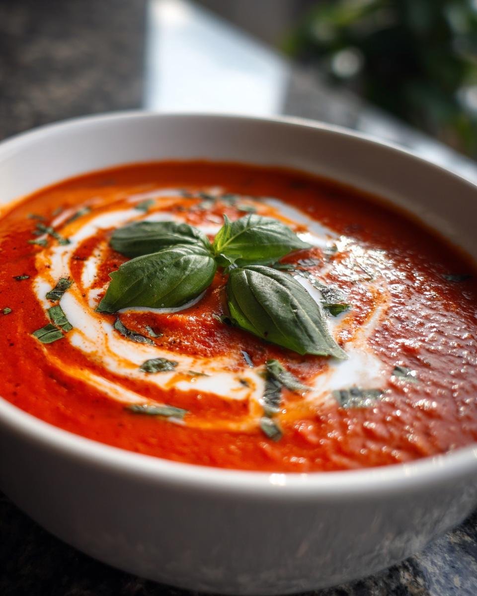 A bowl of Irresistible Tomato Basil Soup, garnished with cream swirls and fresh basil leaves.