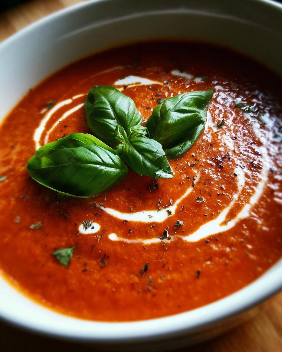 A close-up of a bowl of Irresistible Tomato Basil Soup, garnished with fresh basil leaves and a swirl of cream.