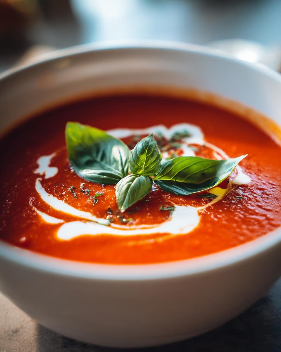 Close-up of a bowl of Irresistible Tomato Basil Soup, garnished with fresh basil leaves and a swirl of cream.