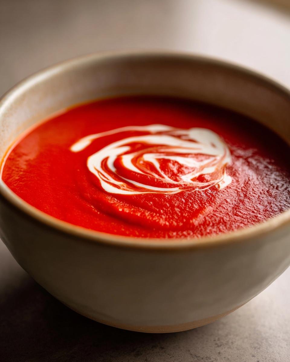 A close-up of a bowl of Irresistible Tomato Soup Recipe, topped with a swirl of cream.