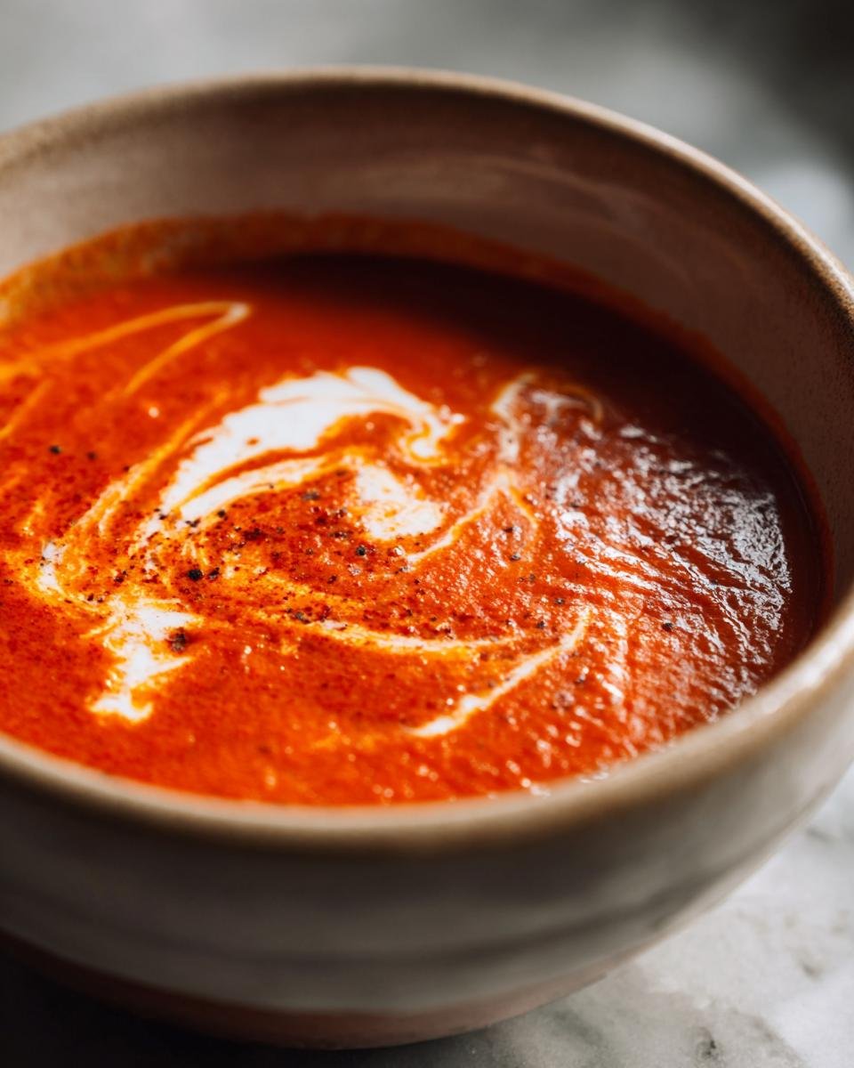 Close-up of a bowl of Irresistible Tomato Soup Recipe, with a swirl of cream and a sprinkle of pepper.