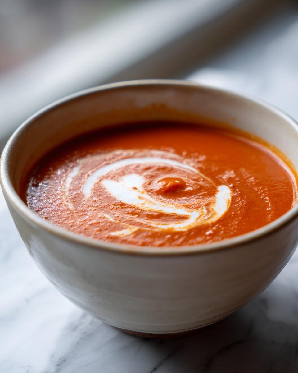 A bowl of Irresistible Tomato Soup Recipe with a swirl of cream on top, perfect for cozy nights.