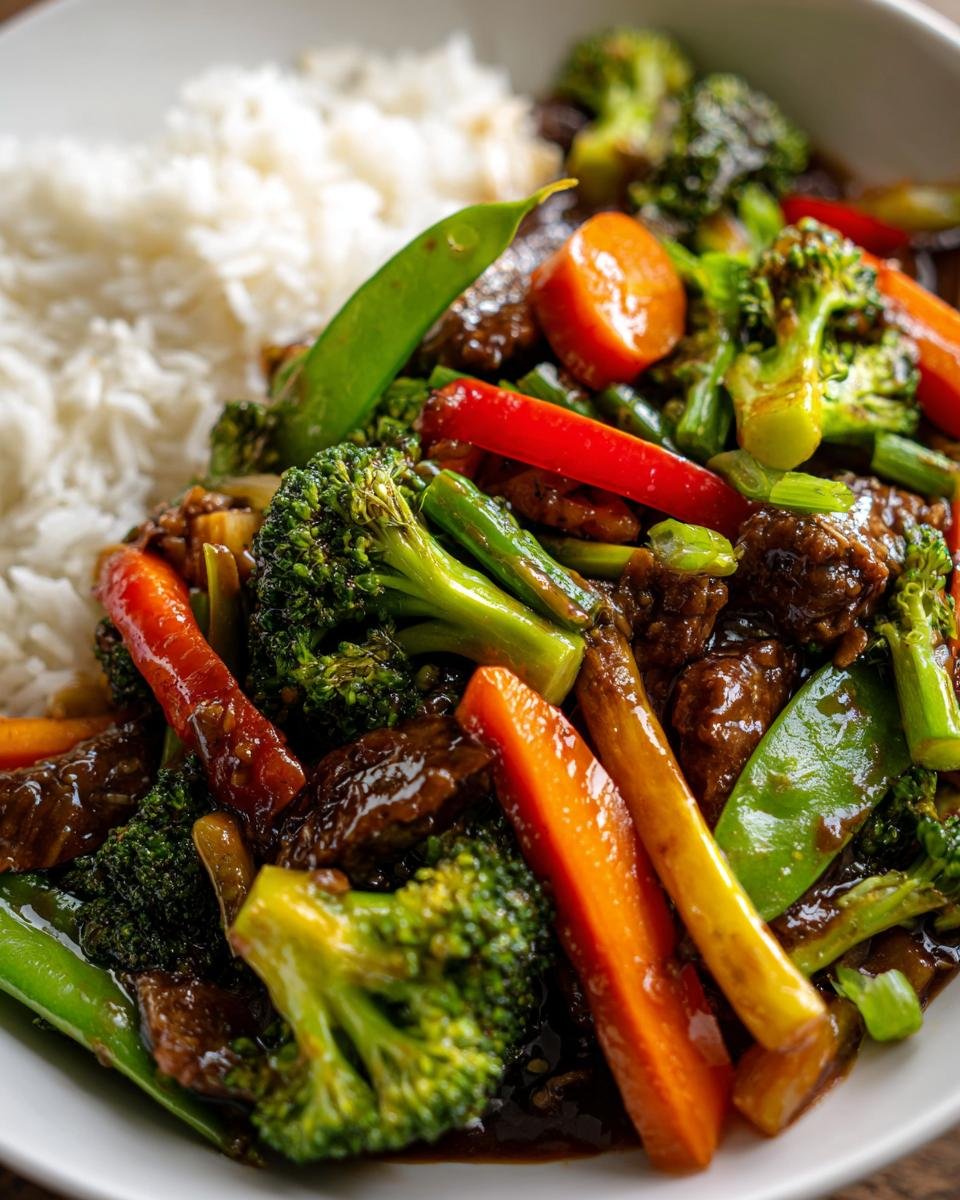 Close-up of Irresistible Vegetable Stir Fry with tender beef, broccoli, carrots, snap peas, and red bell peppers served with fluffy white rice.