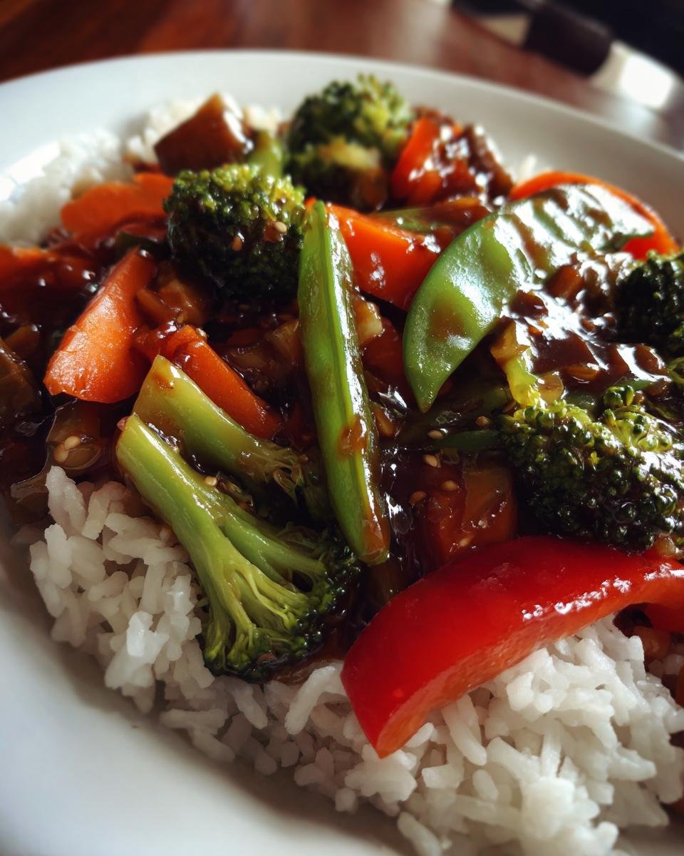 A close-up of an Irresistible Vegetable Stir Fry served over white rice, featuring broccoli, carrots, snap peas, and red bell peppers in a glossy sauce.