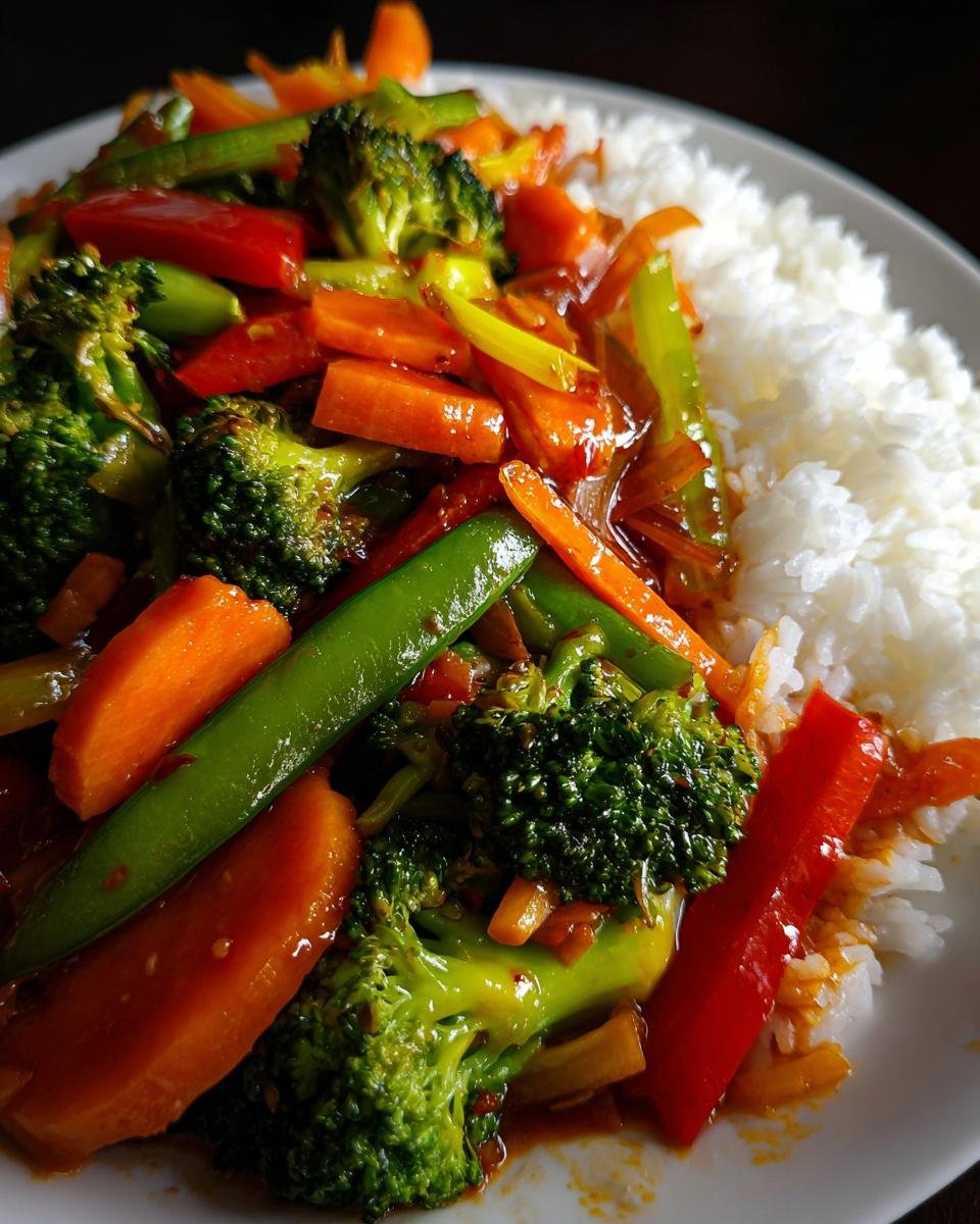 Close-up of an Irresistible Vegetable Stir Fry with broccoli, carrots, snap peas, and red bell peppers served over white rice.