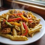 Close-up of hot Jerk Chicken Rasta Pasta featuring penne, colorful bell peppers, and seasoned chicken pieces.