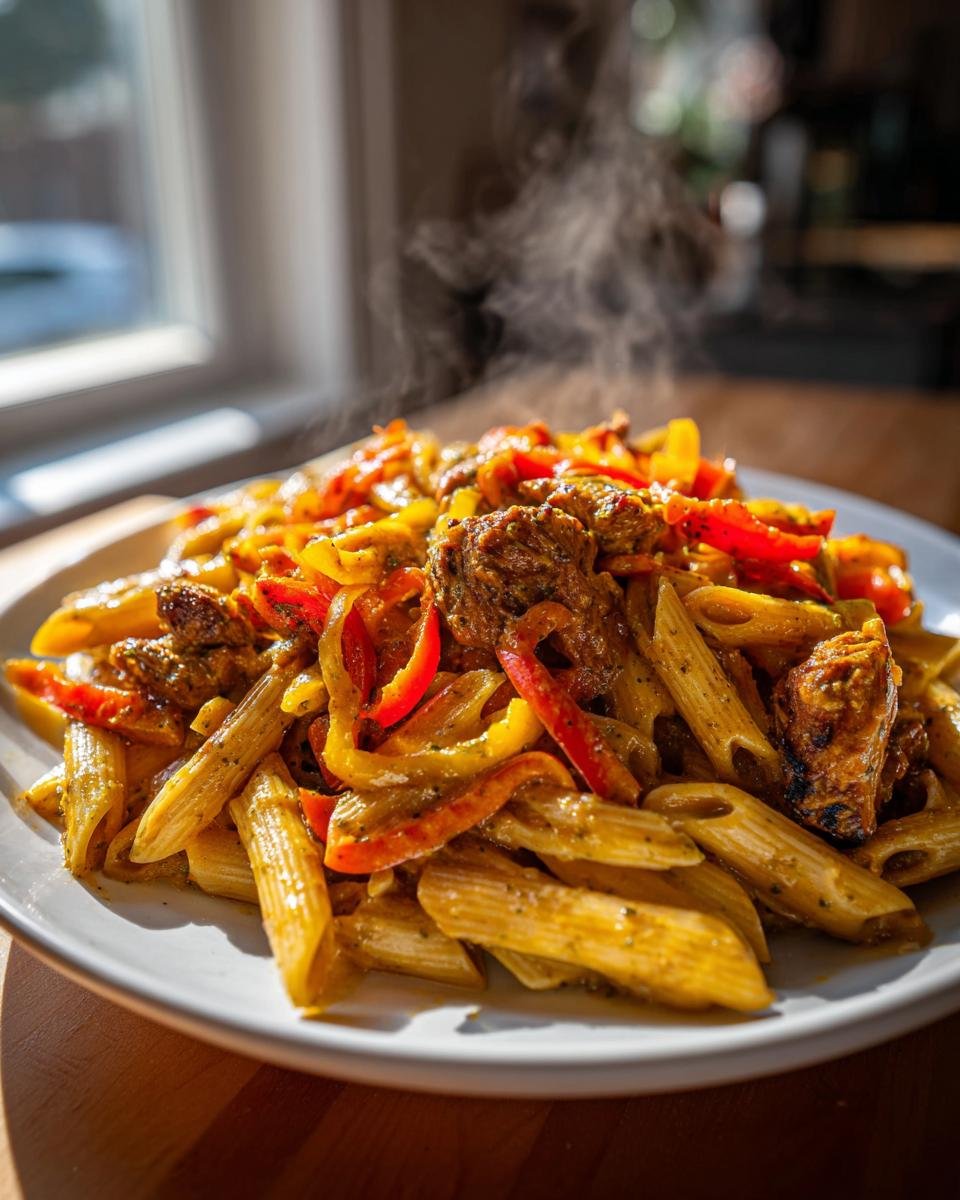 A hot plate of Jerk Chicken Rasta Pasta featuring penne, seasoned chicken chunks, and sliced red and yellow peppers.