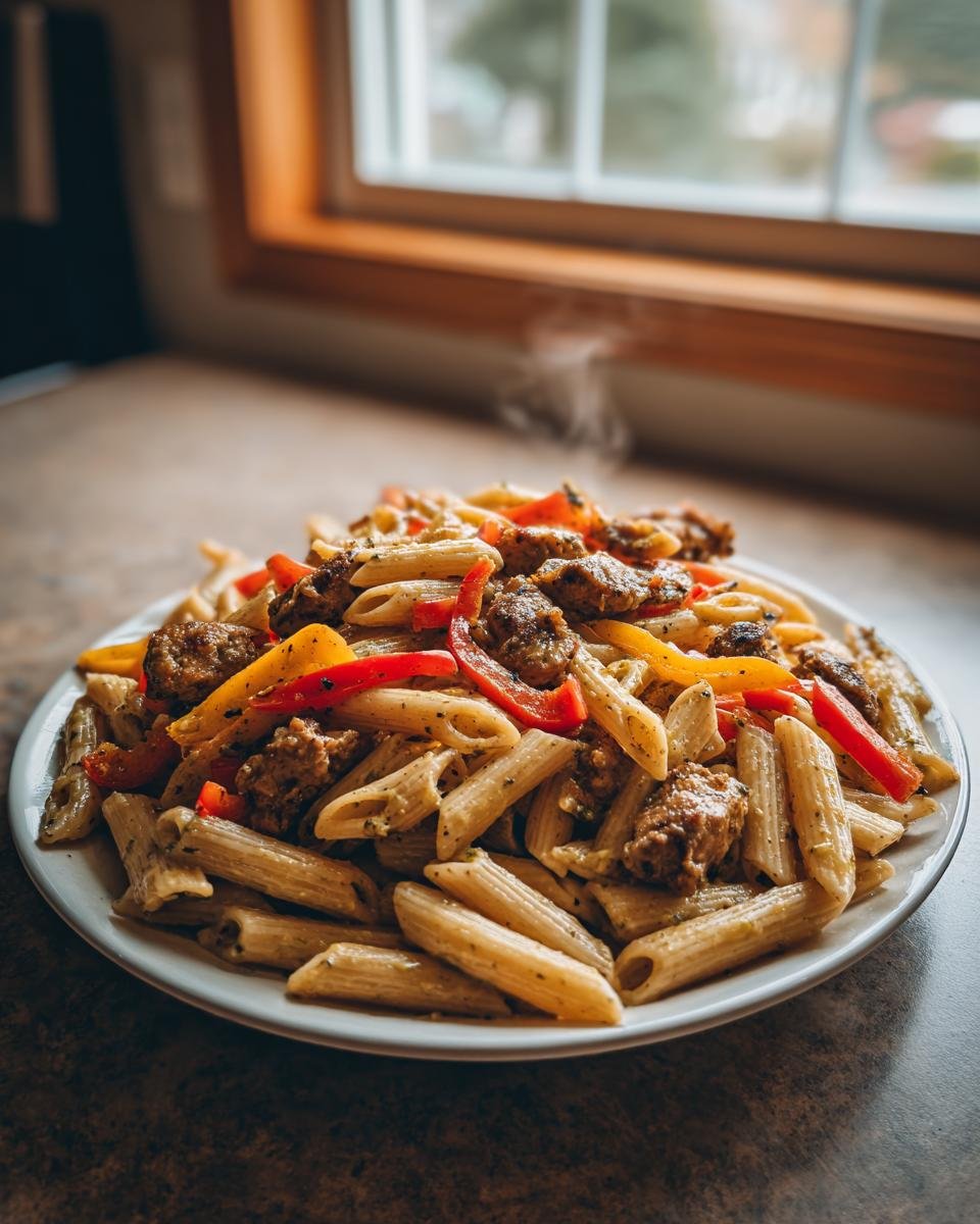 A plate piled high with steaming Jerk Chicken Rasta Pasta, featuring penne, seasoned chicken pieces, and colorful bell peppers.