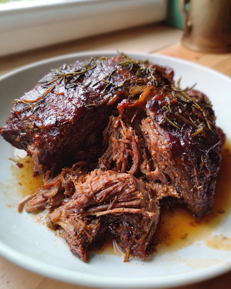 Close-up of shredded Juicy Slow Roasted Lamb Shoulder, glistening with sauce and topped with fresh rosemary.