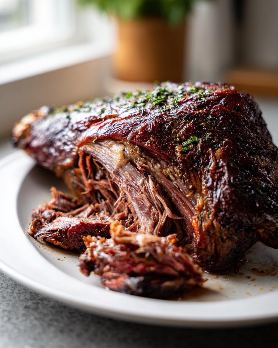 Close-up of a Juicy Slow Roasted Lamb Shoulder, beautifully browned and easily shredded, garnished with herbs.