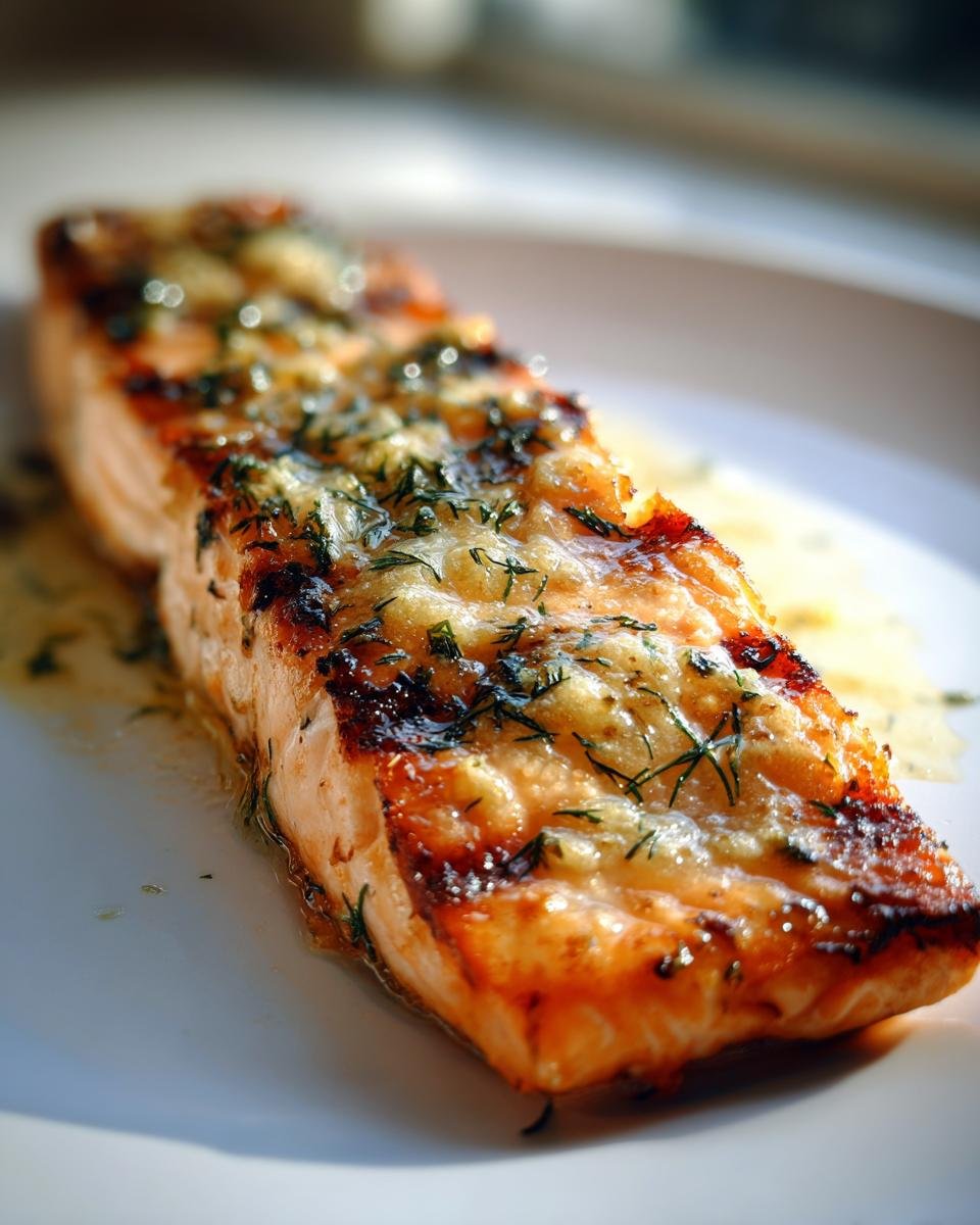 Close-up of a perfectly cooked Lemon Butter Grilled Salmon fillet topped with melted butter and fresh dill.