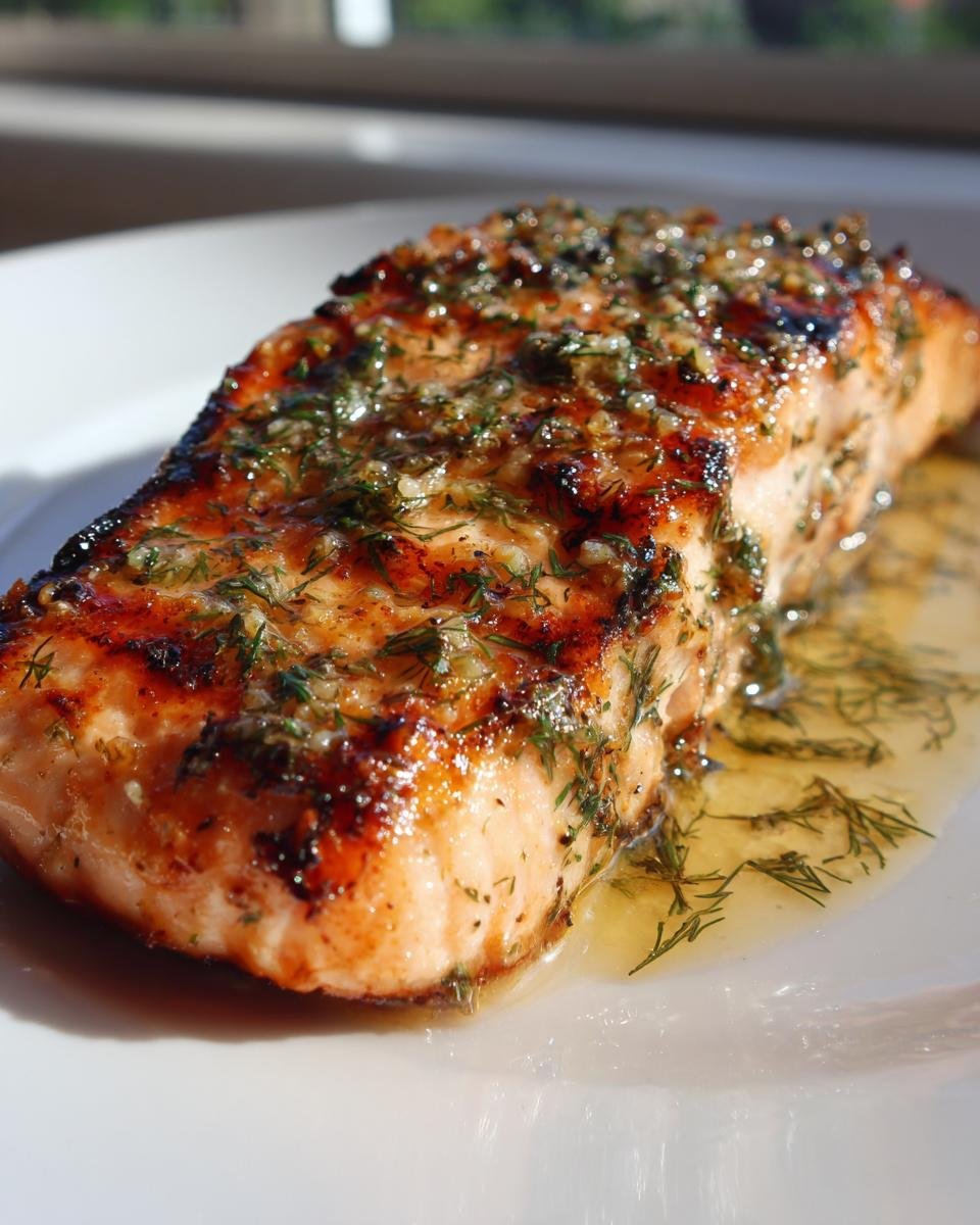 Close-up of a perfectly cooked Lemon Butter Grilled Salmon fillet topped with herbs and resting in butter sauce.