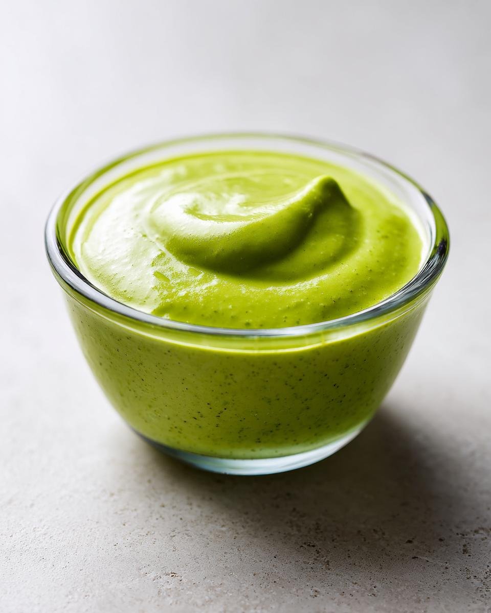 A small glass bowl filled with thick, bright green Light Creamy Avocado Lime Dressing, showing a soft peak on top.