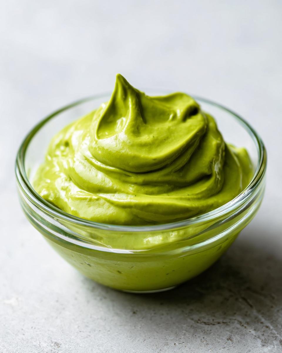A close-up of thick, bright green Light Creamy Avocado Lime Dressing swirled high in a small glass bowl.