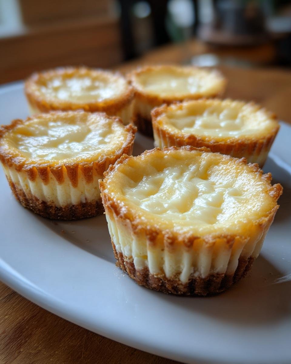 Close-up of five freshly baked Low Carb Cheesecake Bites with golden brown edges on a white plate.