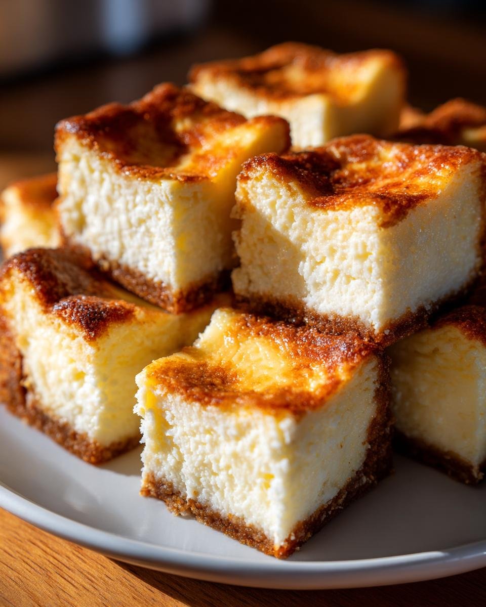 A stack of golden-brown, creamy Low Carb Cheesecake Bites with a graham cracker crust shown on a white plate.