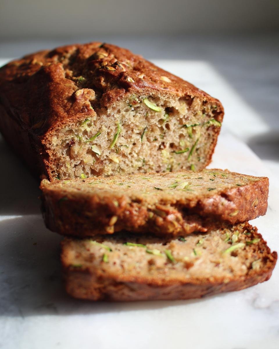 A loaf of The Most Amazing Low Sugar Zucchini Bread, sliced to reveal moist texture and green zucchini shreds.