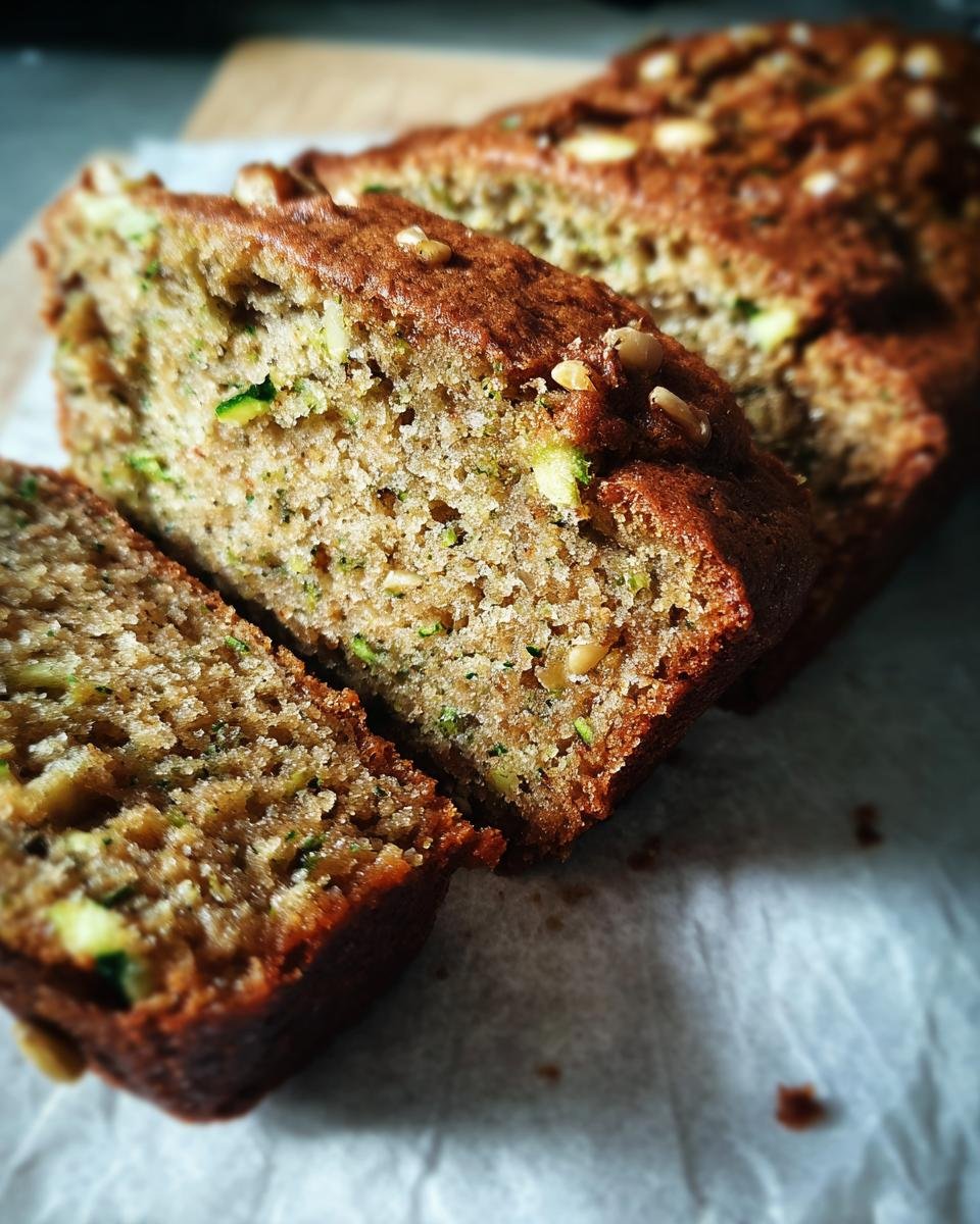 Close-up of sliced low sugar zucchini bread, showing moist texture with visible zucchini pieces and nuts.